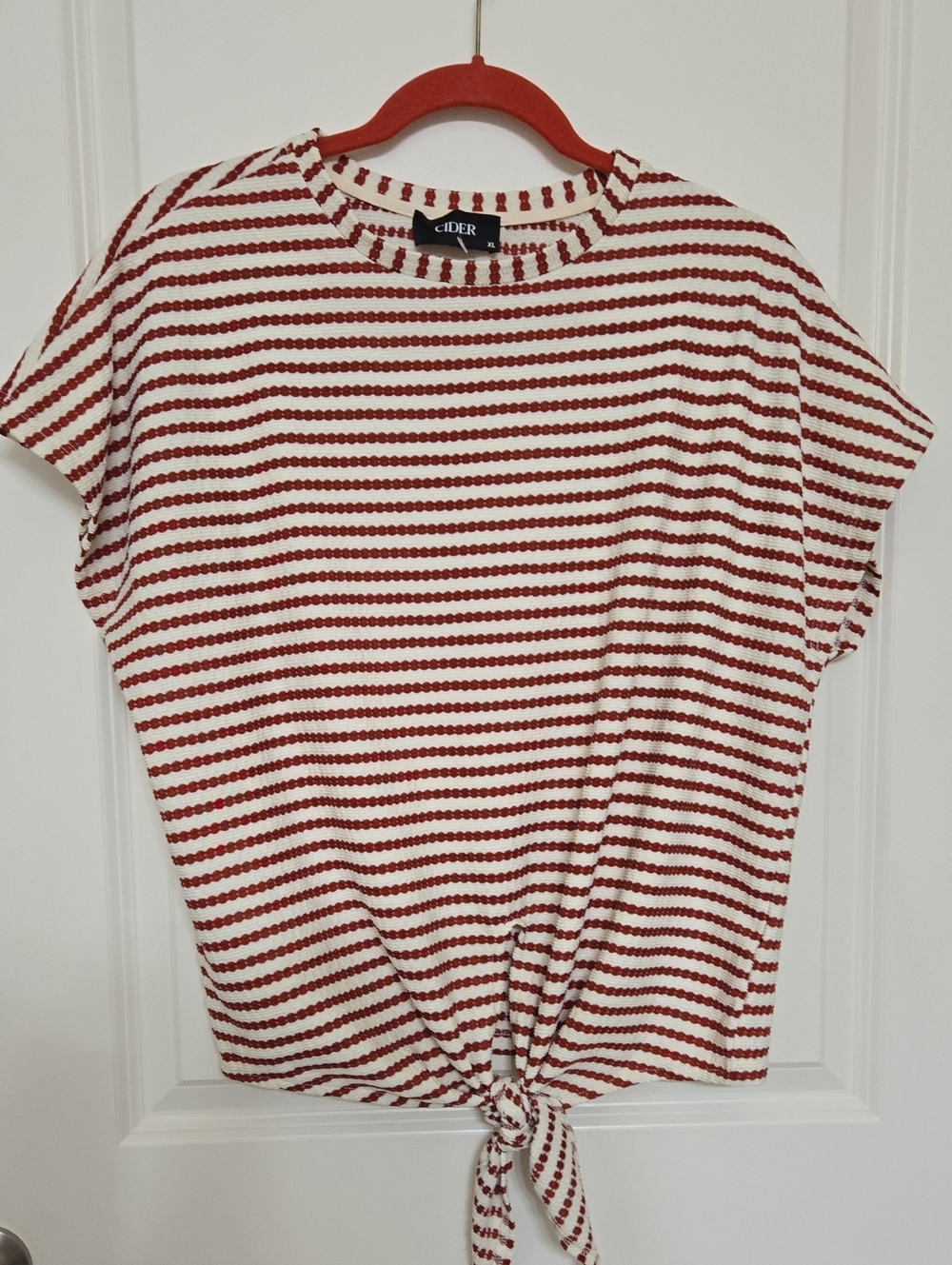 Cider Red and White Striped Short-Sleeve Tie-Front Top